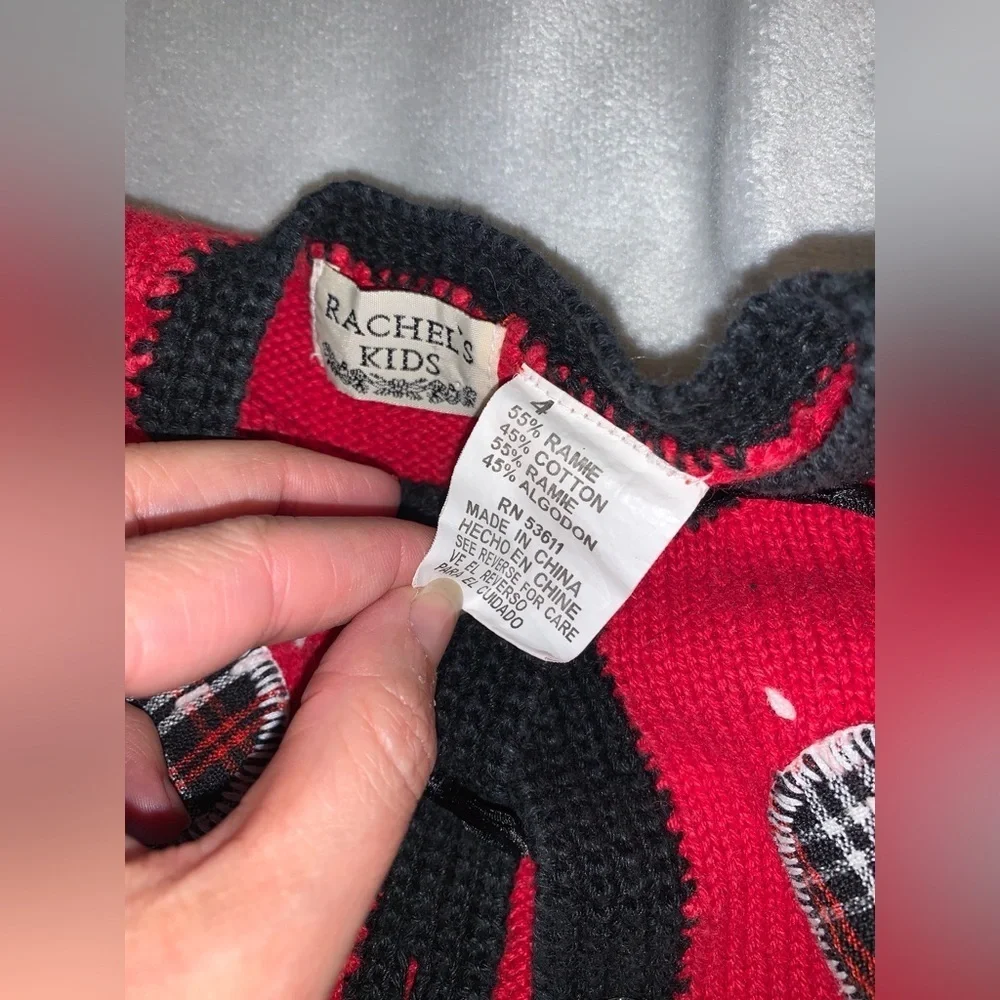 Rachel’s kids Red cardigan Black trim plaid Hearts scottie Dogs sleeve bows 4T